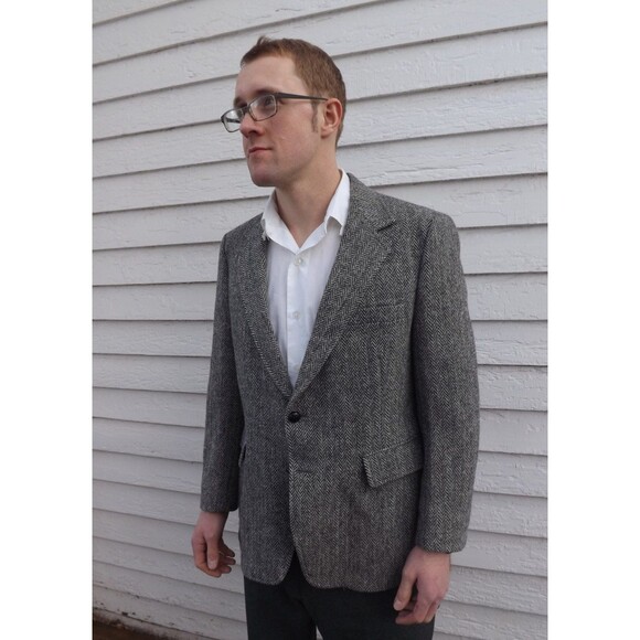 Vintage Mens Herringbone Jacket Black White Sport Coat Tweed Wool 40 - Picture 2 of 5